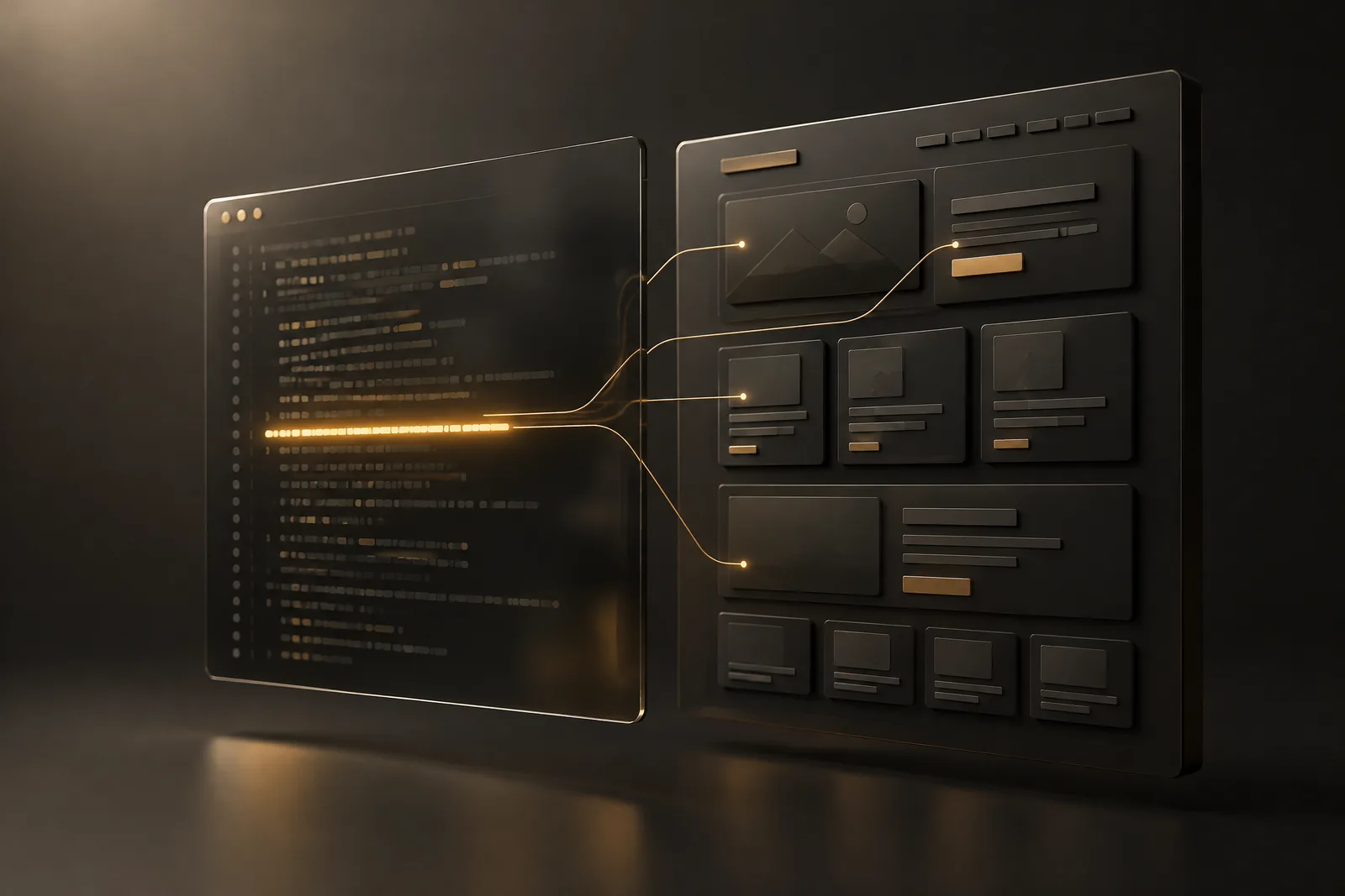 A dark code window with a golden line of code leading to a clearly structured web page